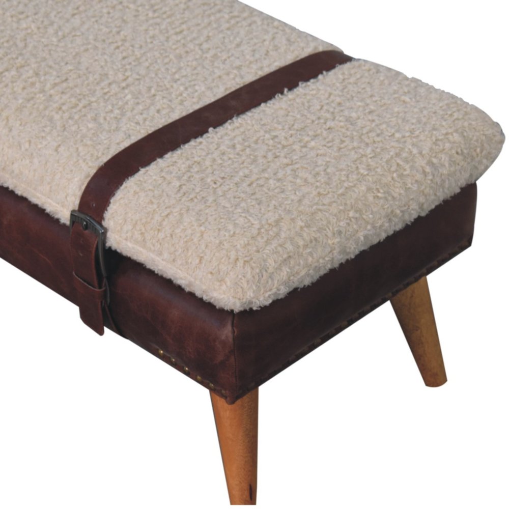 35" Beige And Brown Boucle Genuine Leather And Solid Wood Upholstered Bench