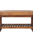 32" Tan And Brown Genuine Leather And Solid Wood Storage Bench With Shelf