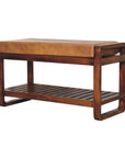 32" Tan And Brown Genuine Leather And Solid Wood Storage Bench With Shelf