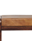 32" Tan And Brown Genuine Leather And Solid Wood Storage Bench With Shelf