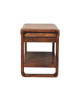 32" Tan And Brown Genuine Leather And Solid Wood Storage Bench With Shelf
