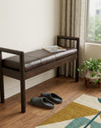 43" Black And Brown Genuine Leather And Solid Wood Upholstered Bench