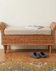 40" Cream And Brown Boucle Rattan And Solid Wood Upholstered Bench