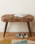 31" Brown Tan And Walnut Tufted Animal Print Velvet And Solid Wood Upholstered Bench
