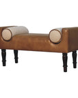 36" Brown And Walnut Genuine Leather And Solid Wood Upholstered Bench