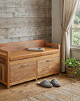 39" Tan And Oak Genuine Leather And Solid Wood Upholstered Storage Bench With Drawers