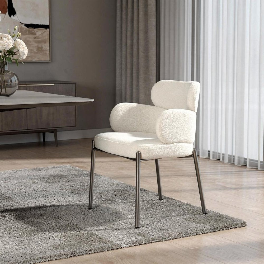 White And Gunmetal Boucle And Stainless Steel Dining Arm Chair