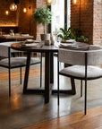 Set of Two Light Gray and Black Fabric and Steel Open Back Dining Arm Chairs