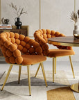 Set of Two Orange And Gold Velvet And Metal Open Back Dining Side Chairs