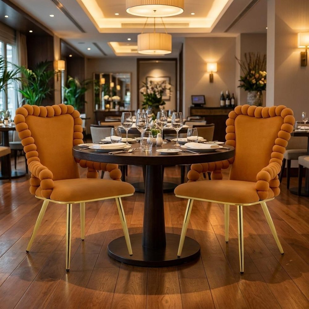 Set of Two Orange And Gold Velvet And Metal Dining Arm Chairs