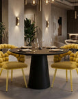 Set of Two Yellow And Gold Velvet And Metal Open Back Dining Arm Chairs