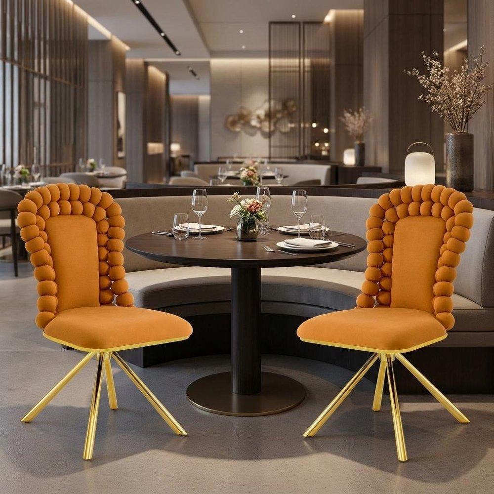 Set of Two Orange And Gold Velvet And Metal Dining Side Chairs