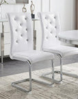 Set of Two White And Silver Tufted Faux Leather And Metal Dining Side Chairs
