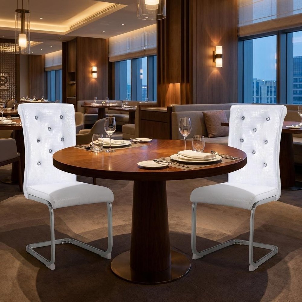 Set of Two White And Silver Tufted Faux Leather And Metal Dining Side Chairs