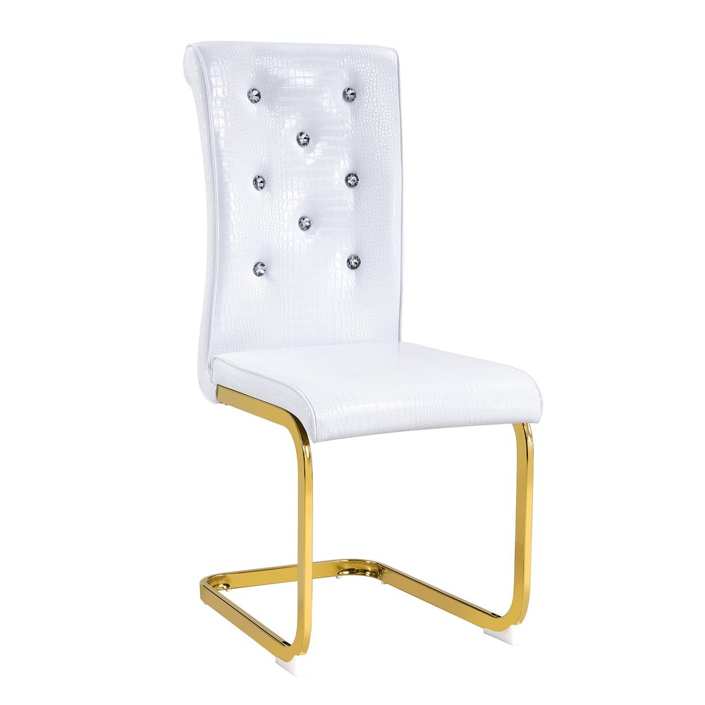 Set of Two White And Silver Tufted Faux Leather And Metal Dining Side Chairs