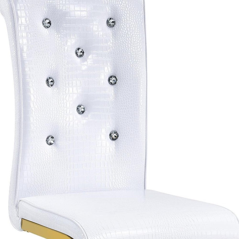 Set of Two White And Silver Tufted Faux Leather And Metal Dining Side Chairs