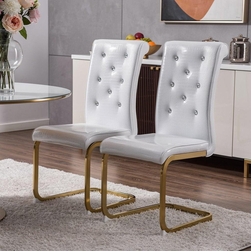 Set of Two White And Silver Tufted Faux Leather And Metal Dining Side Chairs