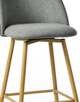 Set of Two 27" Gray And Oak Fabric And Metal Low Back Counter Height Swivel Bar Chairs