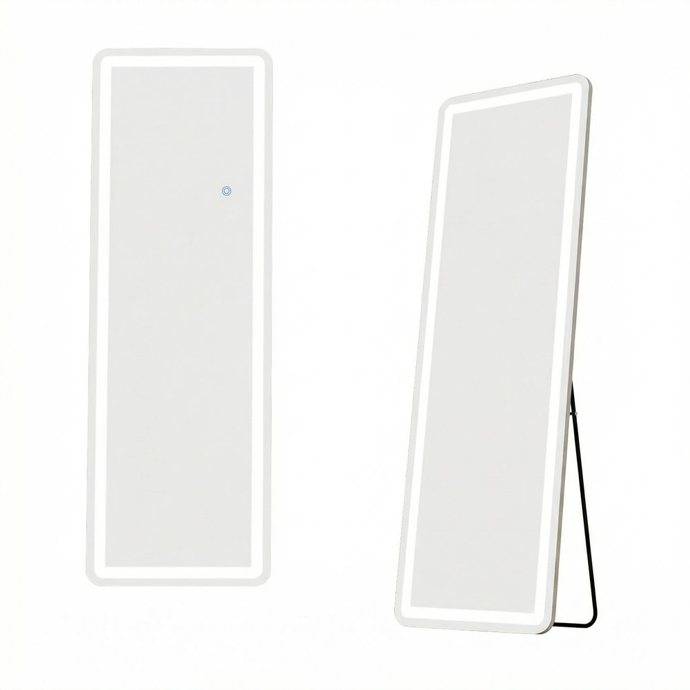 64" X 21" Silver Glass Lighted Wall Mounted Leaning And Freestanding Framed Full Length Mirror