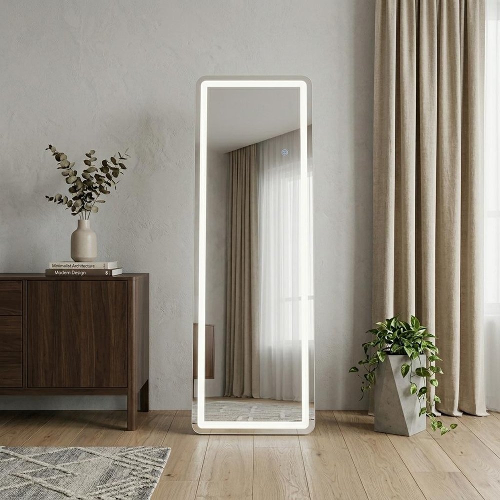 64" X 21" Silver Glass Lighted Wall Mounted Leaning And Freestanding Framed Full Length Mirror