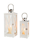Set of Two Clear And White Glass And Solid Wood Floor Lantern Candle Holders