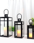 Set of Three Clear And Black Glass And Stainless Steel Tabletop Lantern Candle Holders