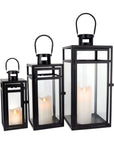 Set of Three Clear And Black Glass And Stainless Steel Tabletop Lantern Candle Holders