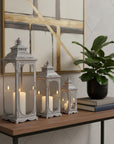 Set of Three Clear And Gray Glass And Metal Tabletop Lantern Candle Holders