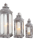 Set of Three Clear And Gray Glass And Metal Tabletop Lantern Candle Holders