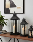 Set of Three Clear And Black Glass And Metal Floor Lantern Candle Holders