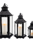 Set of Three Clear And Black Glass And Metal Floor Lantern Candle Holders