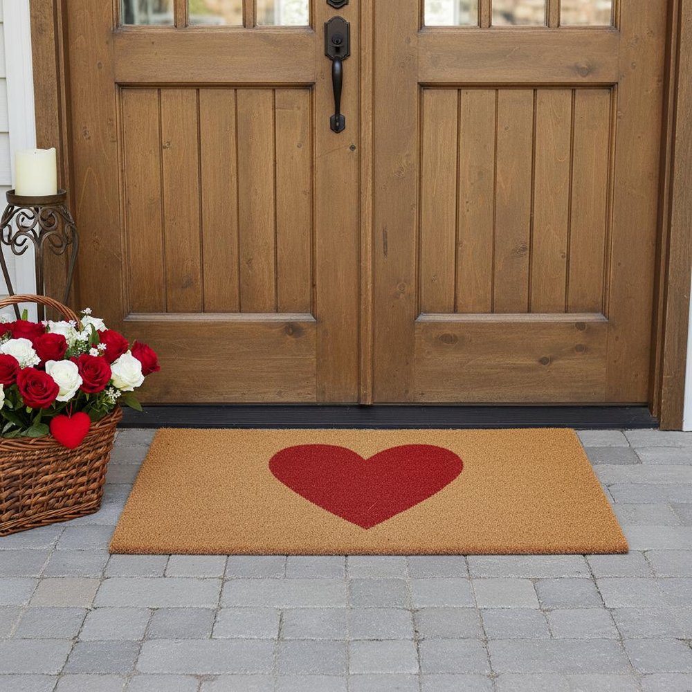 24" X 48" Brown And Red Heart Outdoor Coir Door Mat