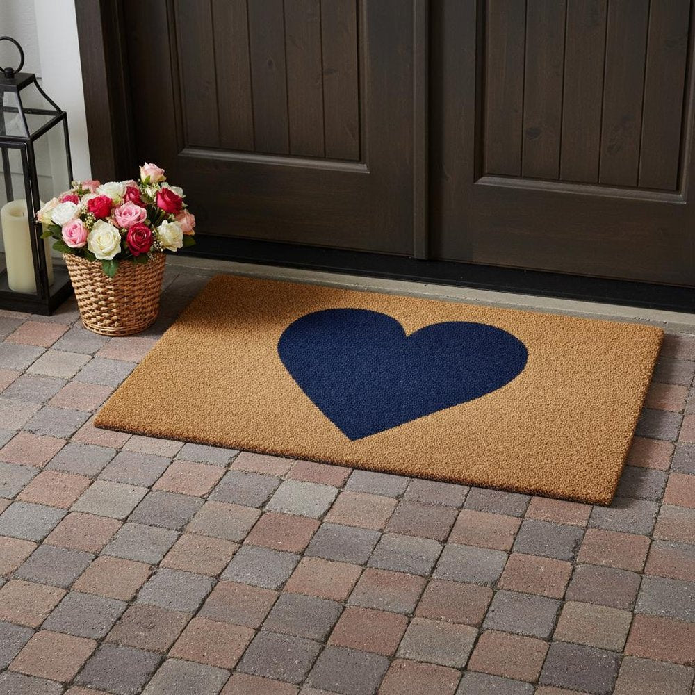 30" X 48" Brown And Dark Blue Heart Outdoor Coir Door Mat