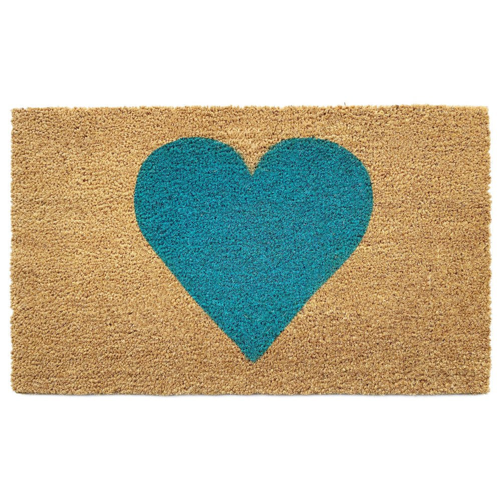 24" X 48" Brown And Turquoise Heart Outdoor Coir Door Mat