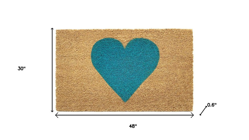 24" X 48" Brown And Turquoise Heart Outdoor Coir Door Mat