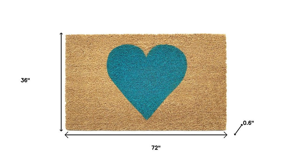24" X 48" Brown And Turquoise Heart Outdoor Coir Door Mat