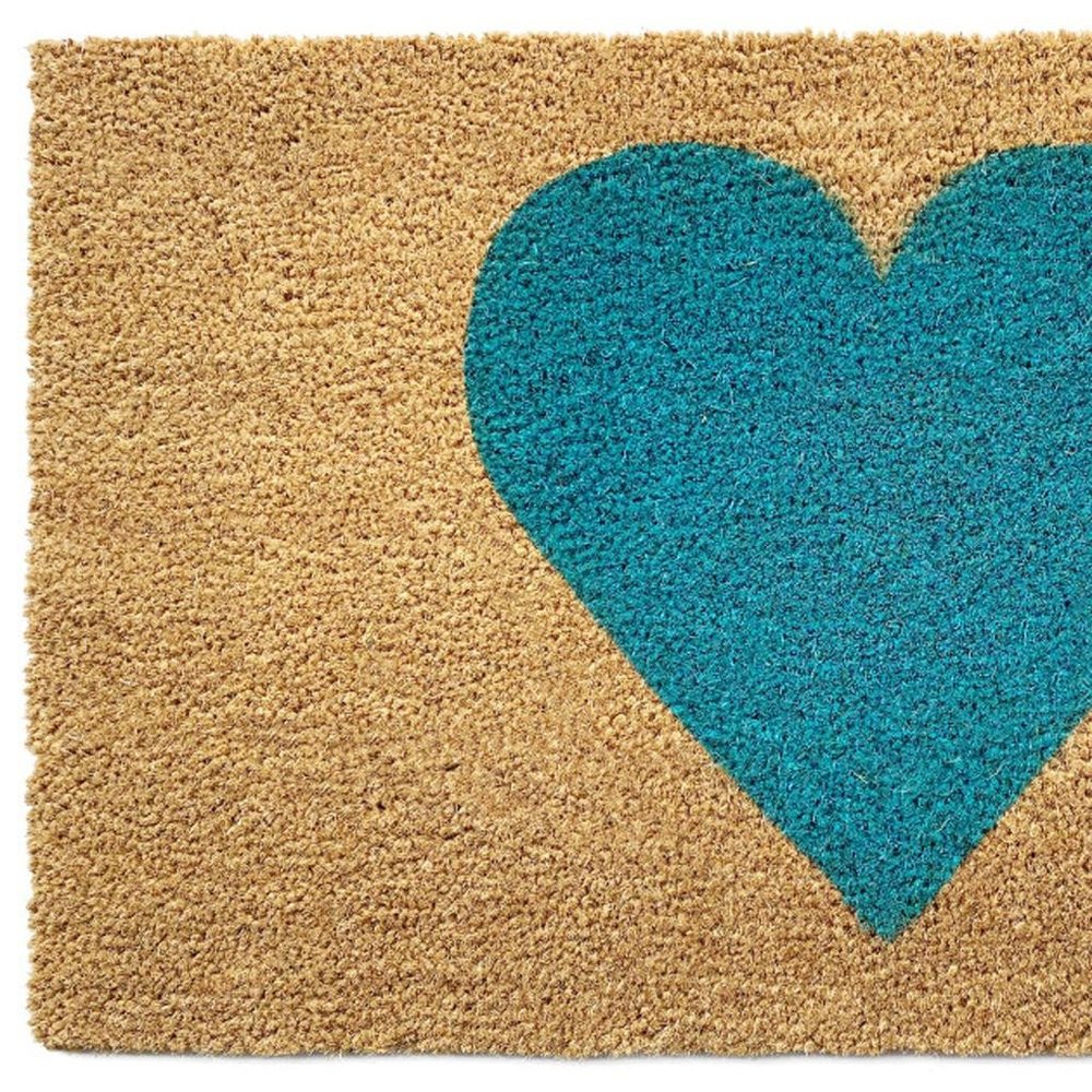 24" X 48" Brown And Turquoise Heart Outdoor Coir Door Mat