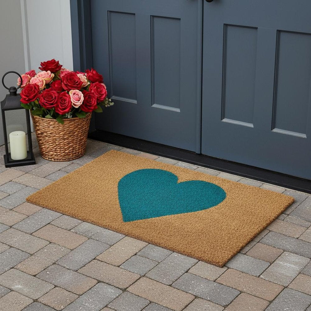 24" X 48" Brown And Turquoise Heart Outdoor Coir Door Mat