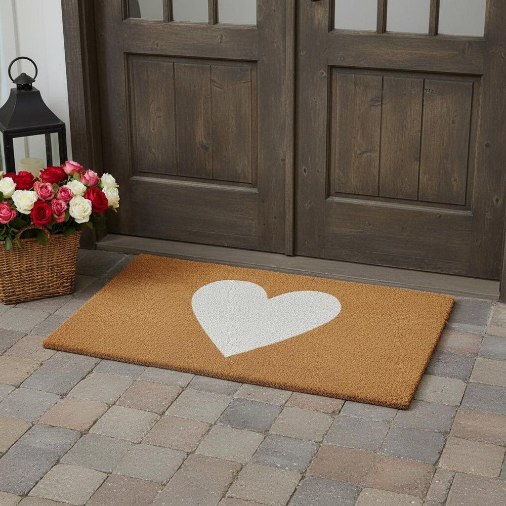 24" X 48" Brown And White Heart Outdoor Coir Door Mat