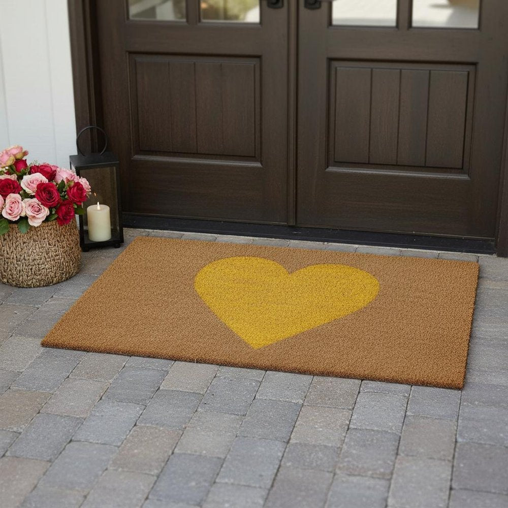 24" X 48" Brown And Yellow Heart Outdoor Coir Door Mat
