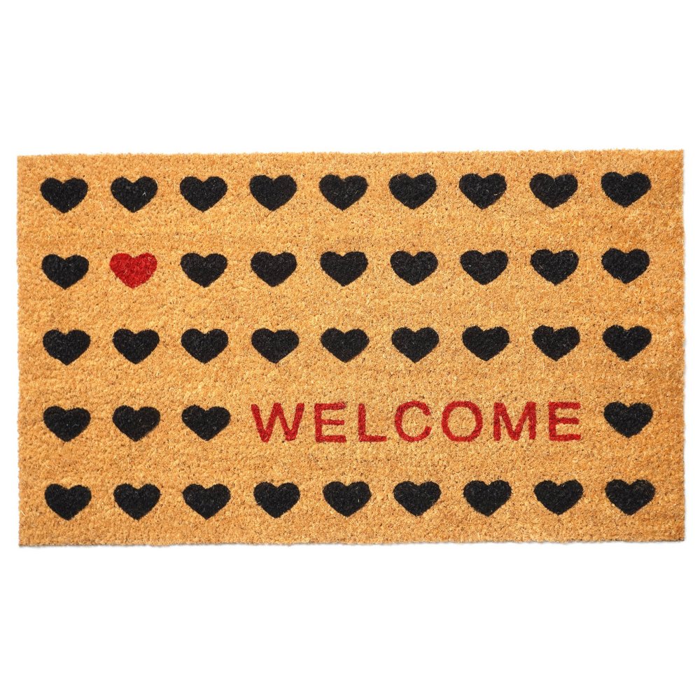 24" X 48" Brown Black And Red Hearts Welcome Outdoor Coir Door Mat