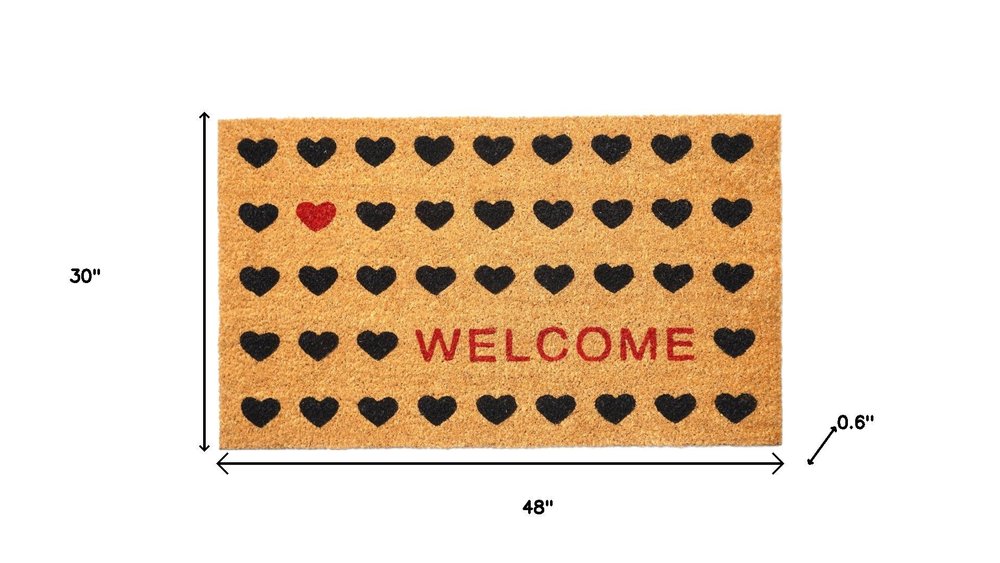 24" X 48" Brown Black And Red Hearts Welcome Outdoor Coir Door Mat
