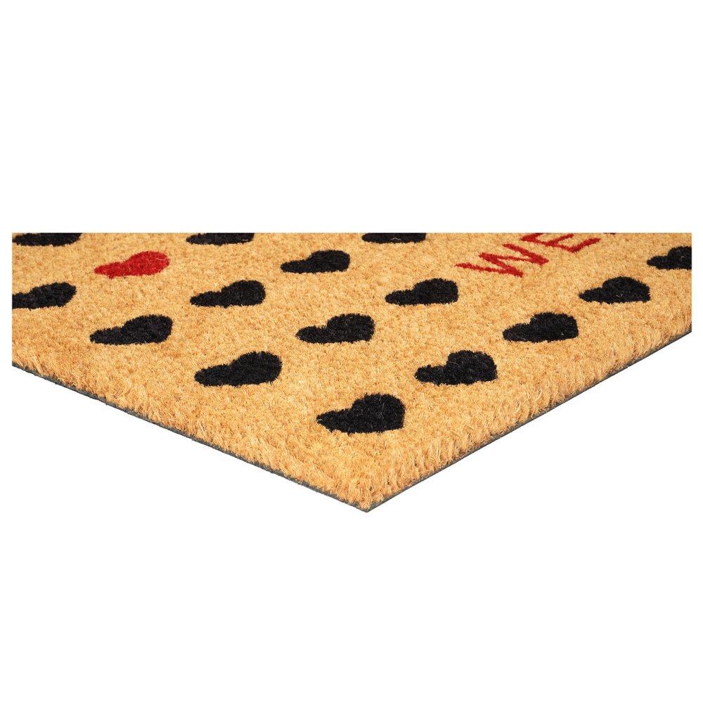 24" X 48" Brown Black And Red Hearts Welcome Outdoor Coir Door Mat
