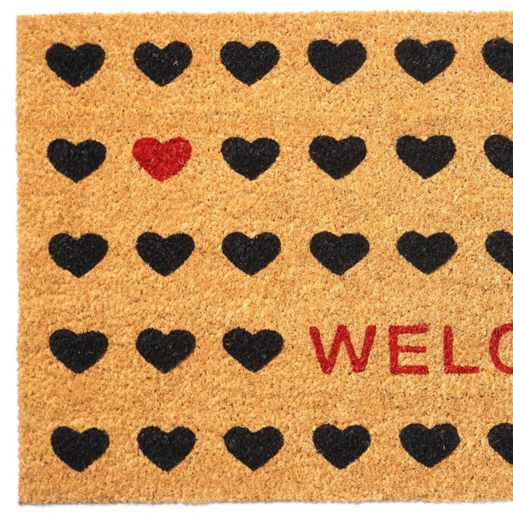 24" X 48" Brown Black And Red Hearts Welcome Outdoor Coir Door Mat