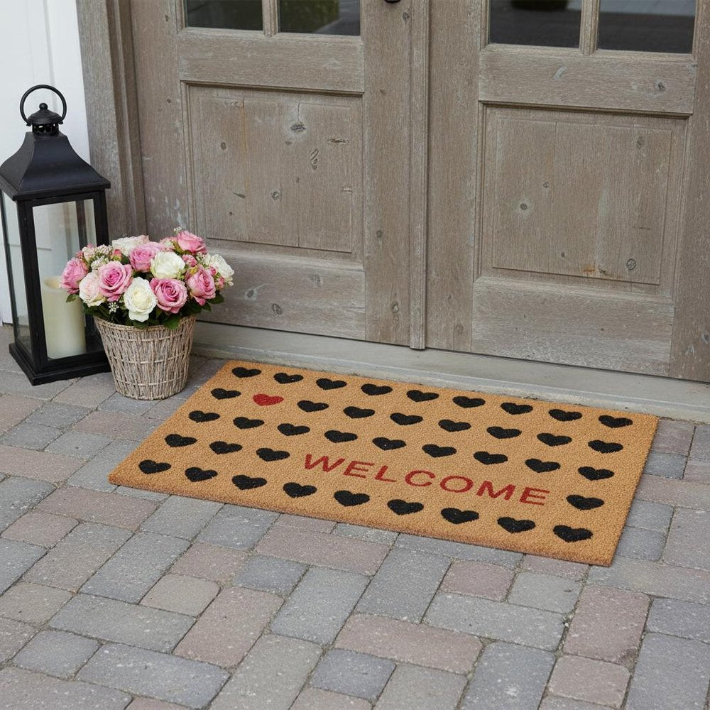 24" X 48" Brown Black And Red Hearts Welcome Outdoor Coir Door Mat