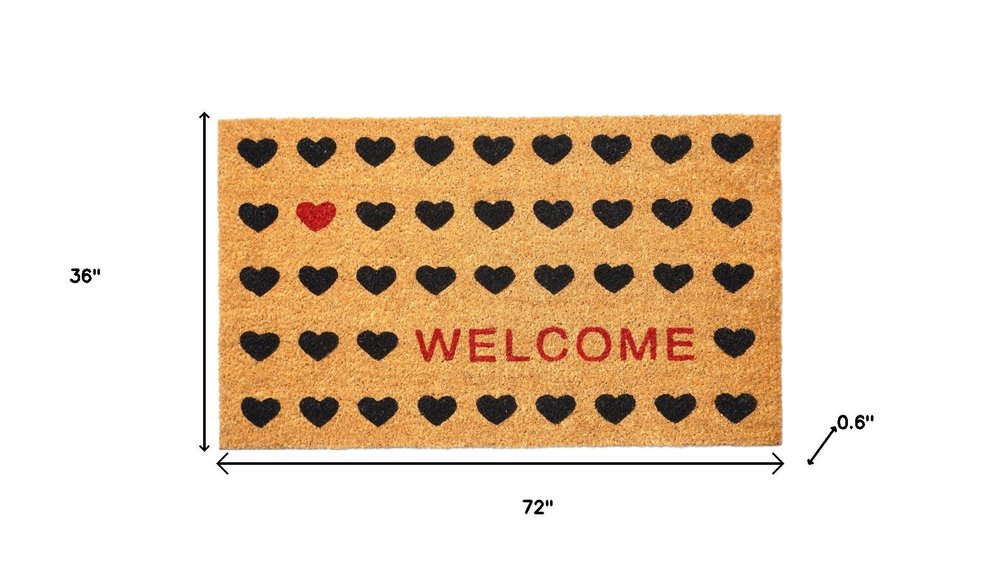 24" X 48" Brown Black And Red Hearts Welcome Outdoor Coir Door Mat