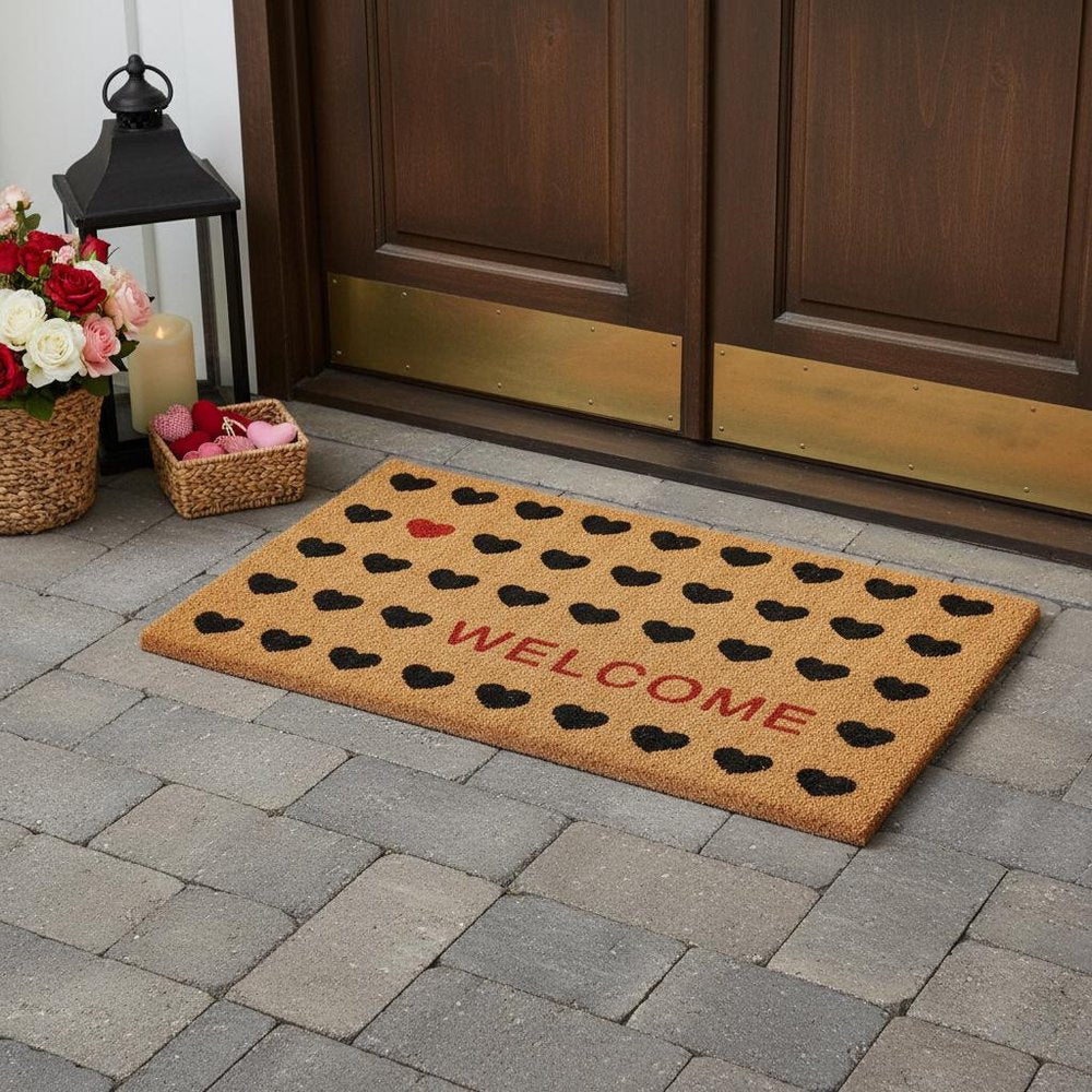 24" X 48" Brown Black And Red Hearts Welcome Outdoor Coir Door Mat