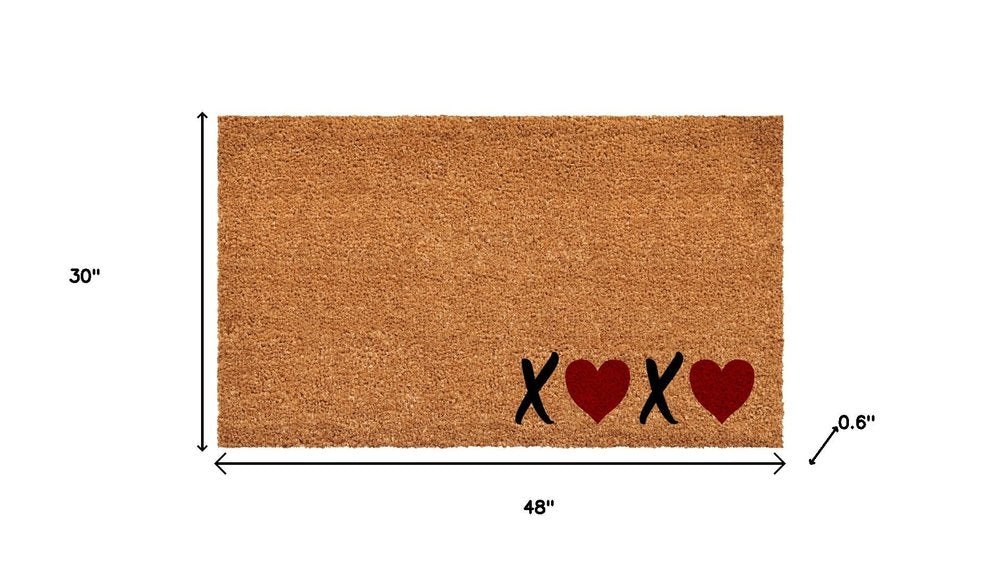 24" X 48" Brown Black And Red Valentine's Day Heart XOXO Outdoor Coir Door Mat