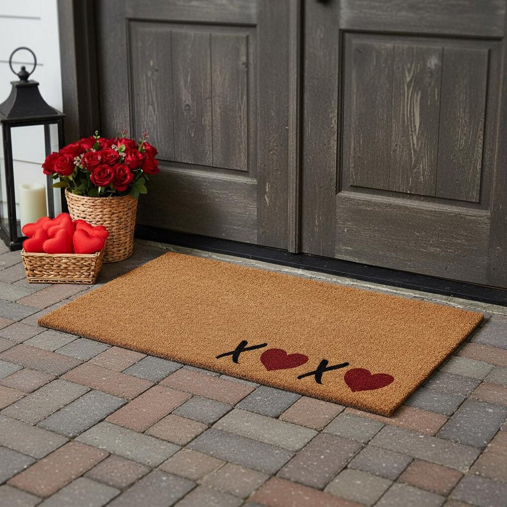 24" X 48" Brown Black And Red Valentine's Day Heart XOXO Outdoor Coir Door Mat