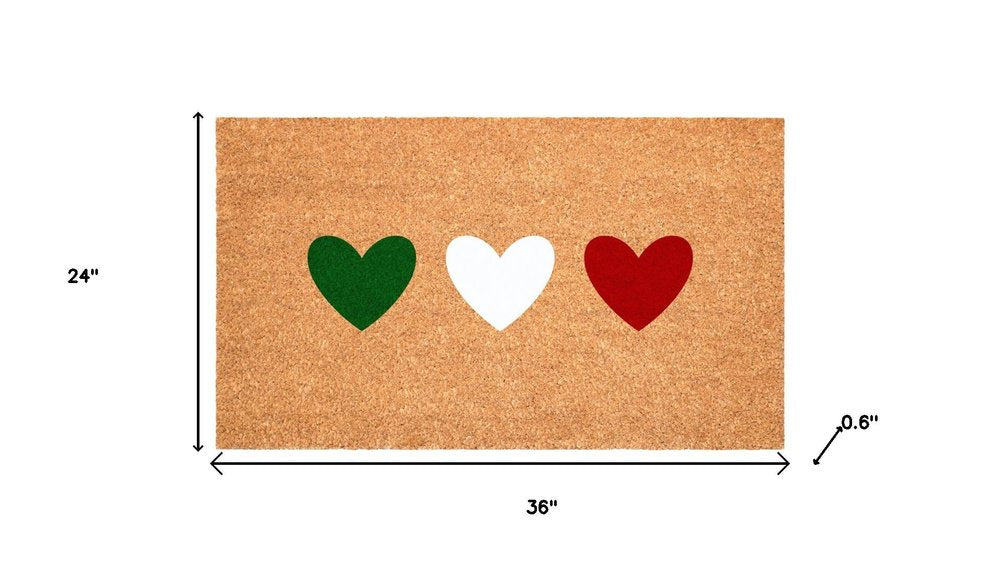 24" X 36" Brown Green White And Red Three Hearts Outdoor Coir Door Mat